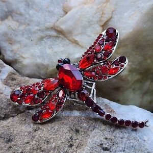 Large Dragonfly Silver Brooch Pendant Bright Red Crystals